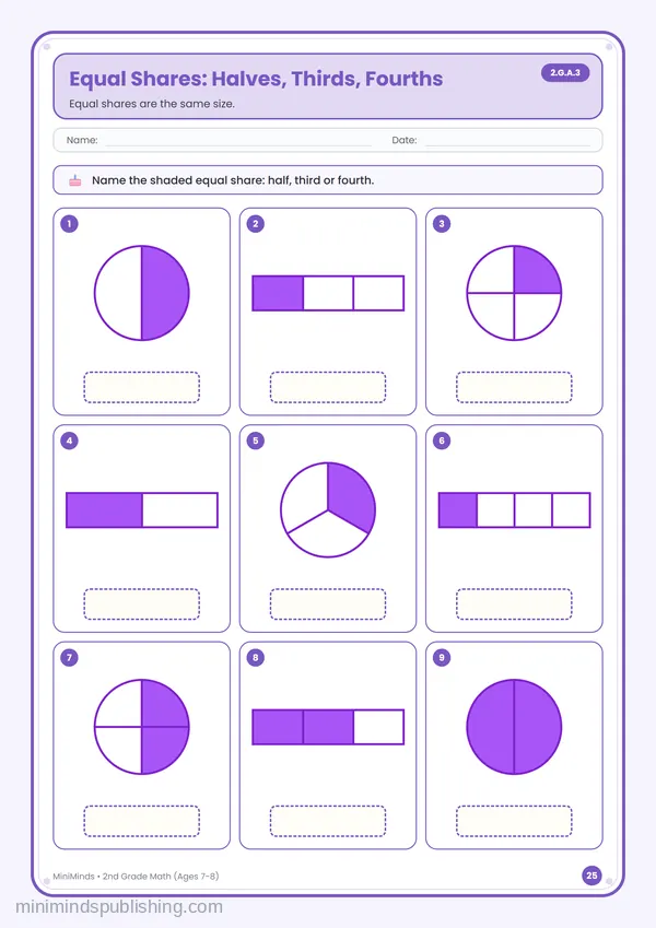 Equal Shares: Halves, Thirds, Fourths — free printable 2nd Grade math worksheet for ages 7-8 (Common Core 2.G.A.3)