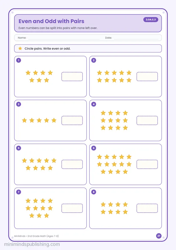 Even and Odd with Pairs — free printable 2nd Grade math worksheet for ages 7-8 (Common Core 2.OA.C.3)