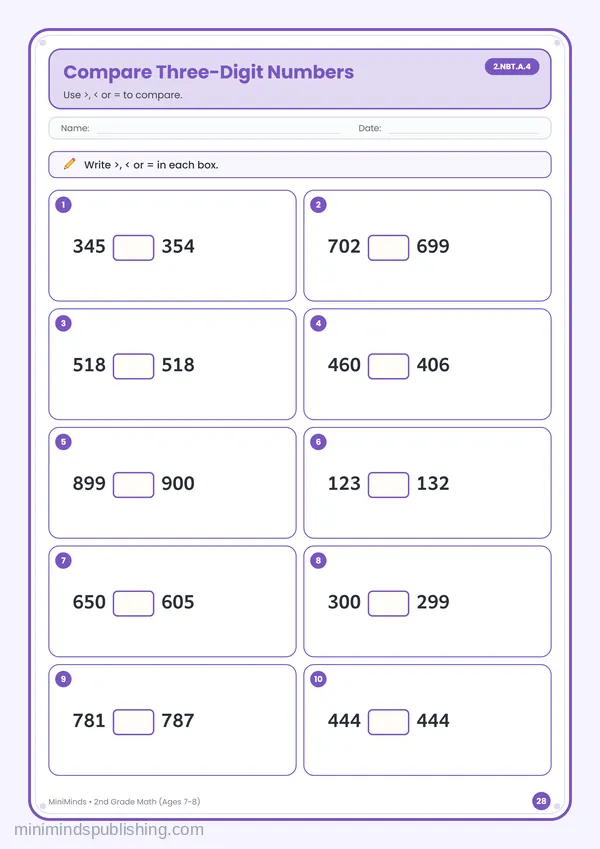 Compare Three-Digit Numbers — free printable 2nd Grade math worksheet for ages 7-8 (Common Core 2.NBT.A.4)