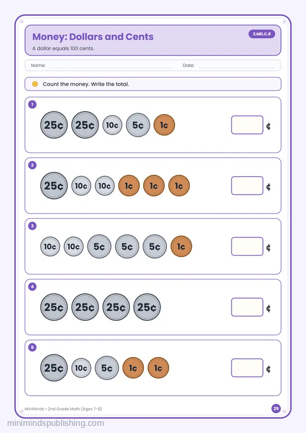 Money: Dollars and Cents — free printable 2nd Grade math worksheet for ages 7-8 (Common Core 2.MD.C.8)