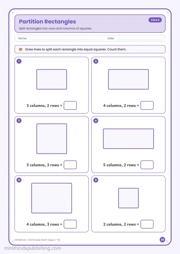 Partition Rectangles — free printable 2nd Grade math worksheet for ages 7-8 (Common Core 2.G.A.2)