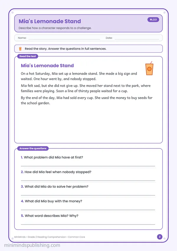 Mia's Lemonade Stand — free printable 2nd Grade worksheet