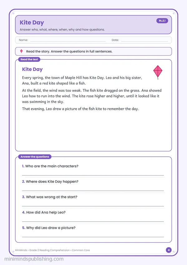 Kite Day — free printable 2nd Grade worksheet
