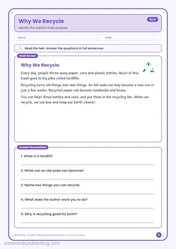 Why We Recycle — free printable 2nd Grade worksheet