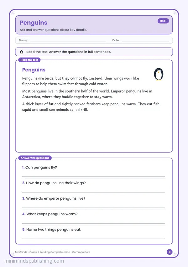 Penguins — free printable 2nd Grade worksheet