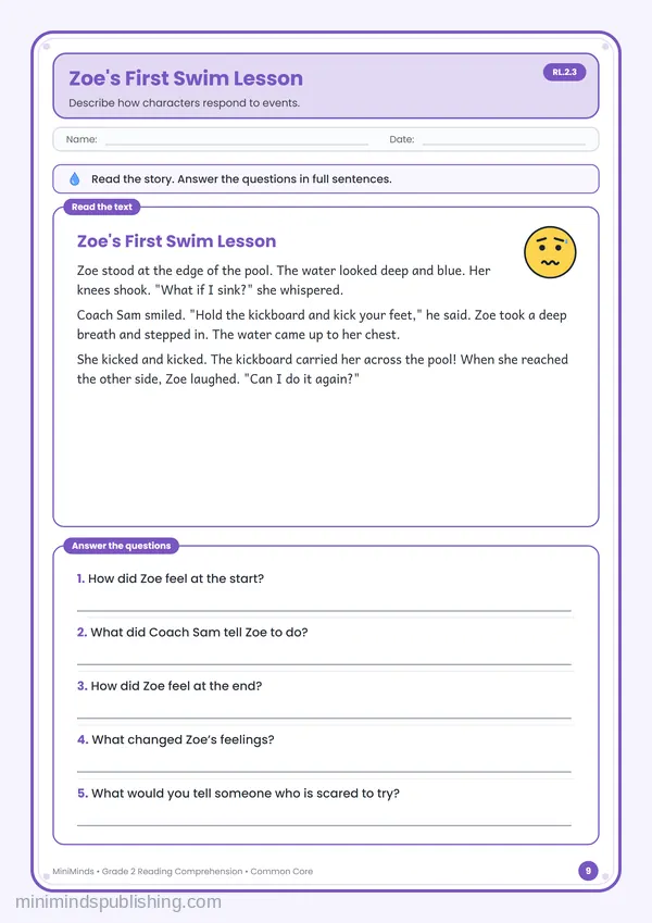 Zoe's First Swim Lesson — free printable 2nd Grade worksheet