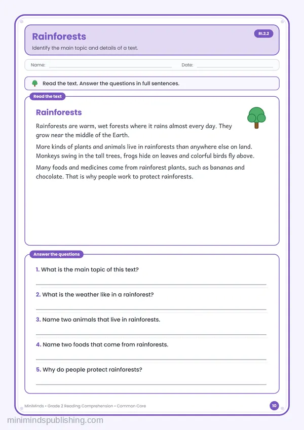 Rainforests — free printable 2nd Grade worksheet
