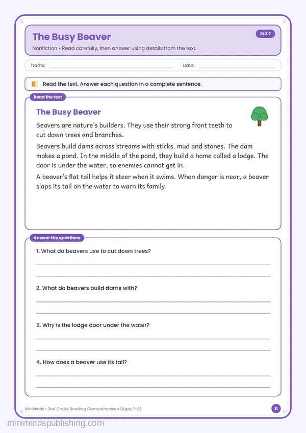 The Busy Beaver — free printable 2nd Grade worksheet
