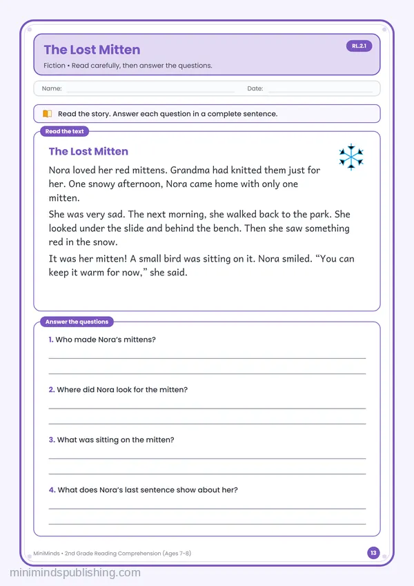 The Lost Mitten — free printable 2nd Grade worksheet