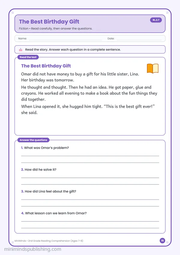 The Best Birthday Gift — free printable 2nd Grade worksheet