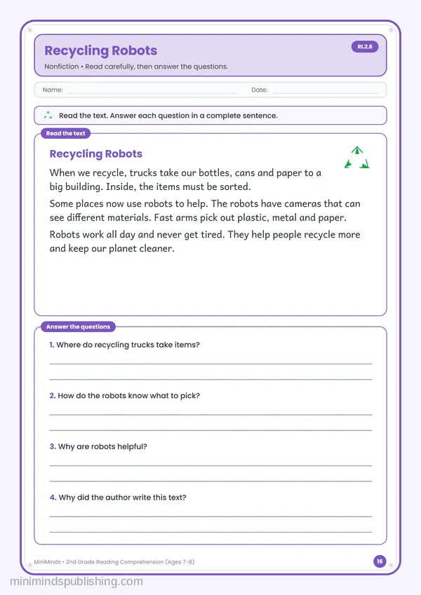 Recycling Robots — free printable 2nd Grade worksheet