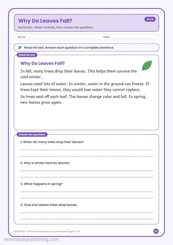 Why Do Leaves Fall? — free printable 2nd Grade worksheet