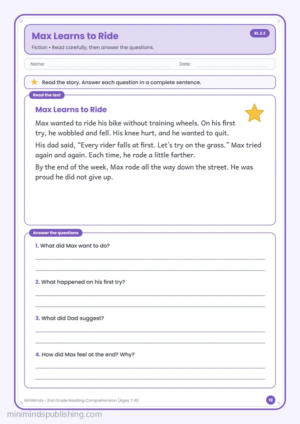 Max Learns to Ride — free printable 2nd Grade worksheet