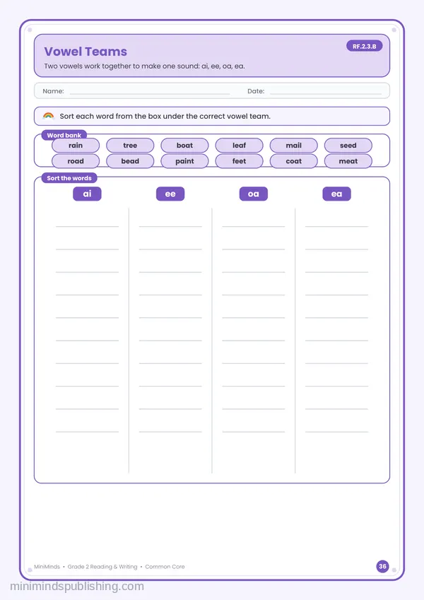 Vowel Teams — free printable 2nd Grade reading & writing worksheet for ages 7-8 (Common Core RF.2.3.B)