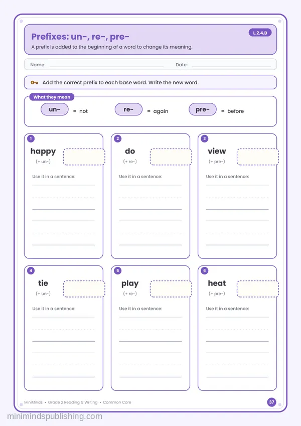 Prefixes: un-, re-, pre- — free printable 2nd Grade reading & writing worksheet for ages 7-8 (Common Core L.2.4.B)