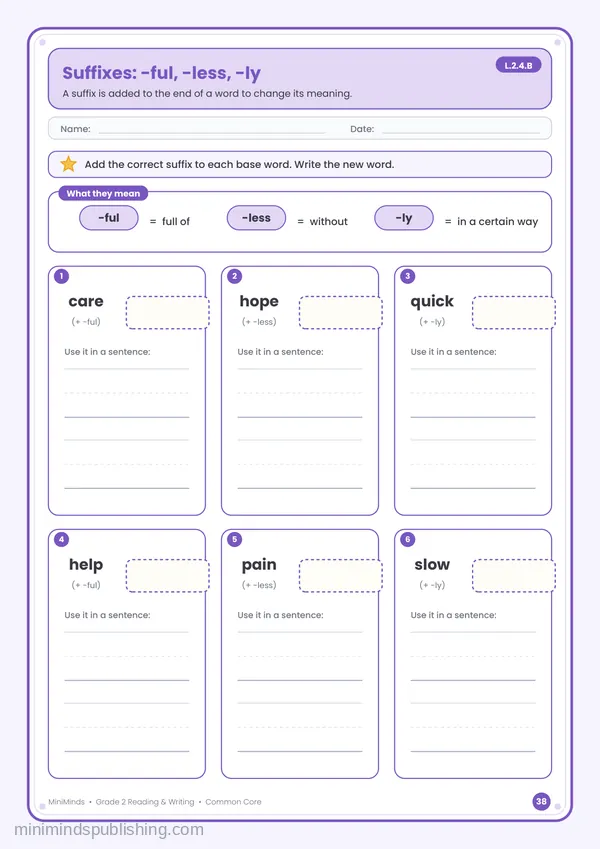 Suffixes: -ful, -less, -ly — free printable 2nd Grade reading & writing worksheet for ages 7-8 (Common Core L.2.4.B)