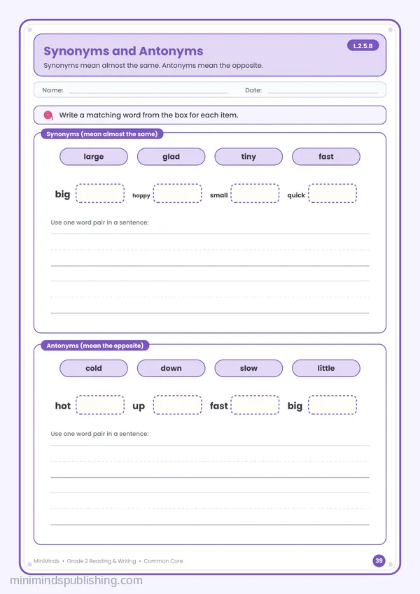 Synonyms and Antonyms — free printable 2nd Grade reading & writing worksheet for ages 7-8 (Common Core L.2.5.B)