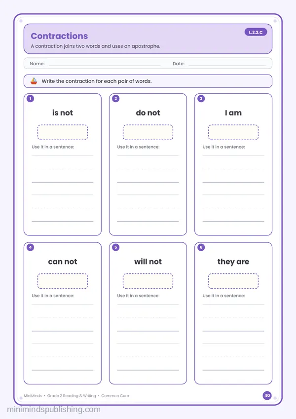 Contractions — free printable 2nd Grade reading & writing worksheet for ages 7-8 (Common Core L.2.2.C)