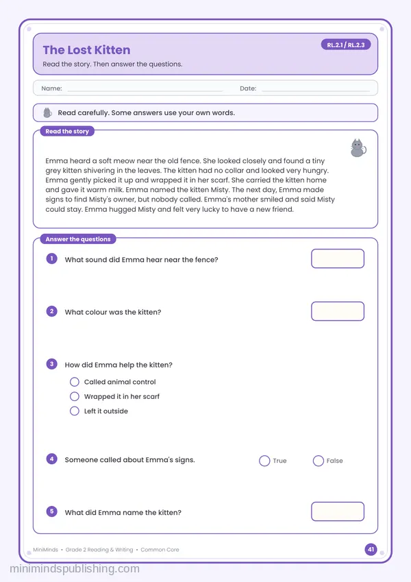 The Lost Kitten — free printable 2nd Grade reading & writing worksheet for ages 7-8 (Common Core RL.2.1, RL.2.3)