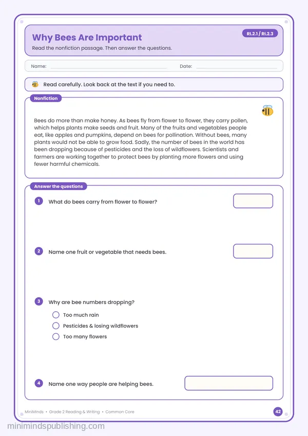 Why Bees Are Important — free printable 2nd Grade reading & writing worksheet for ages 7-8 (Common Core RI.2.1, RI.2.3)