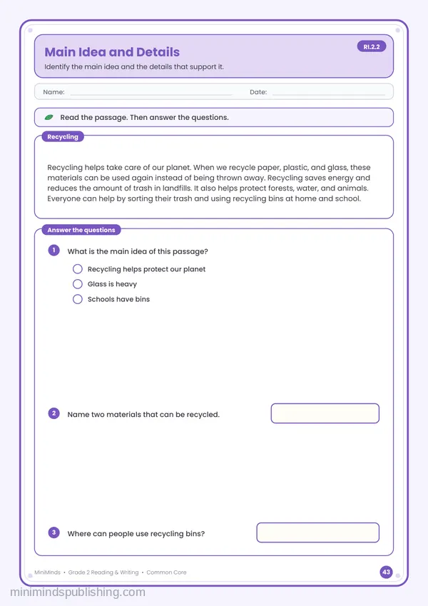 Main Idea and Details — free printable 2nd Grade reading & writing worksheet for ages 7-8 (Common Core RI.2.2)