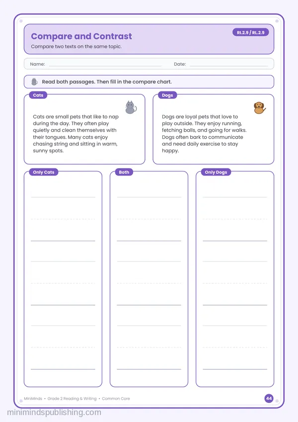 Compare and Contrast — free printable 2nd Grade reading & writing worksheet for ages 7-8 (Common Core RI.2.9, RL.2.9)