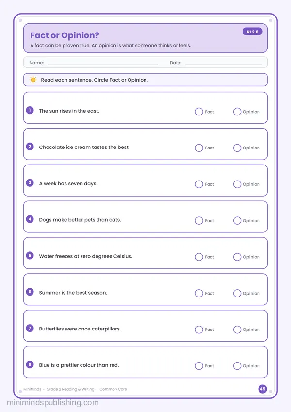 Fact or Opinion? — free printable 2nd Grade reading & writing worksheet for ages 7-8 (Common Core RI.2.8)
