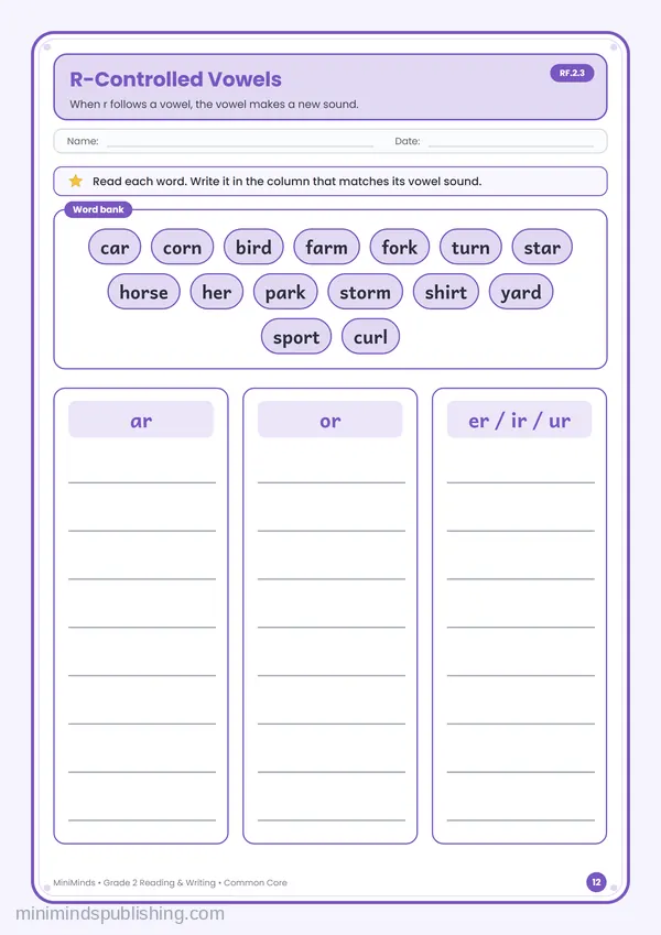 R-Controlled Vowels — free printable 2nd Grade reading & writing worksheet for ages 7-8 (Common Core RF.2.3)