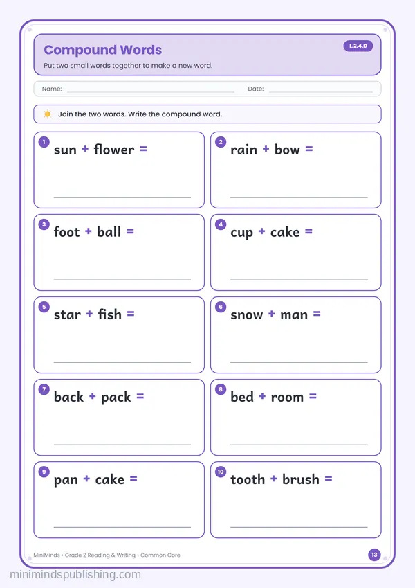 Compound Words — free printable 2nd Grade reading & writing worksheet for ages 7-8 (Common Core L.2.4.D)