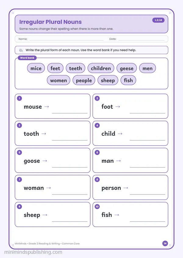 Irregular Plural Nouns — free printable 2nd Grade reading & writing worksheet for ages 7-8 (Common Core L.2.1.B)