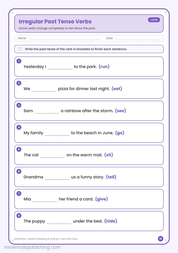 Irregular Past Tense Verbs — free printable 2nd Grade reading & writing worksheet for ages 7-8 (Common Core L.2.1.D)