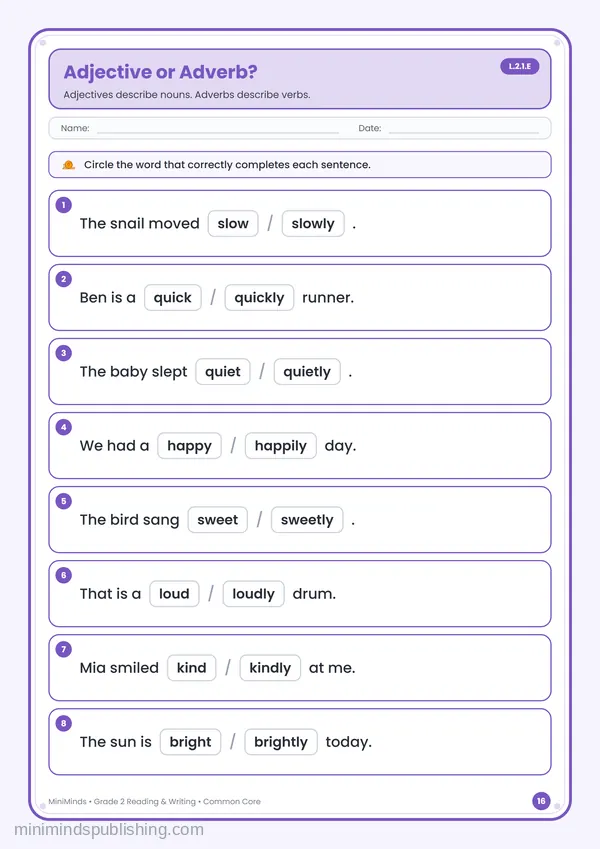Adjective or Adverb? — free printable 2nd Grade reading & writing worksheet for ages 7-8 (Common Core L.2.1.E)