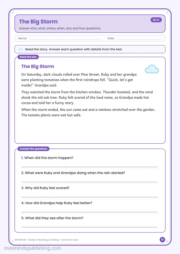 The Big Storm — free printable 2nd Grade reading & writing worksheet for ages 7-8 (Common Core RL.2.1)
