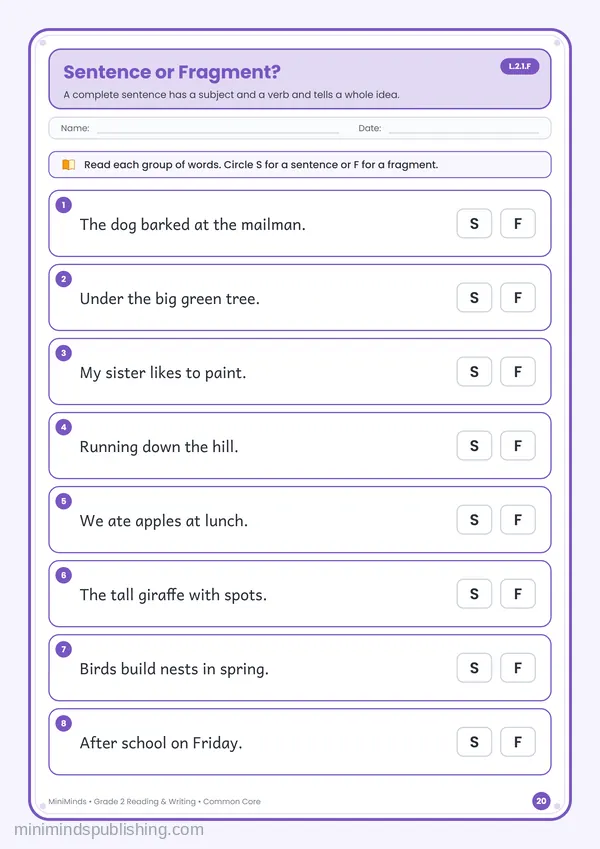 Sentence or Fragment? — free printable 2nd Grade reading & writing worksheet for ages 7-8 (Common Core L.2.1.F)
