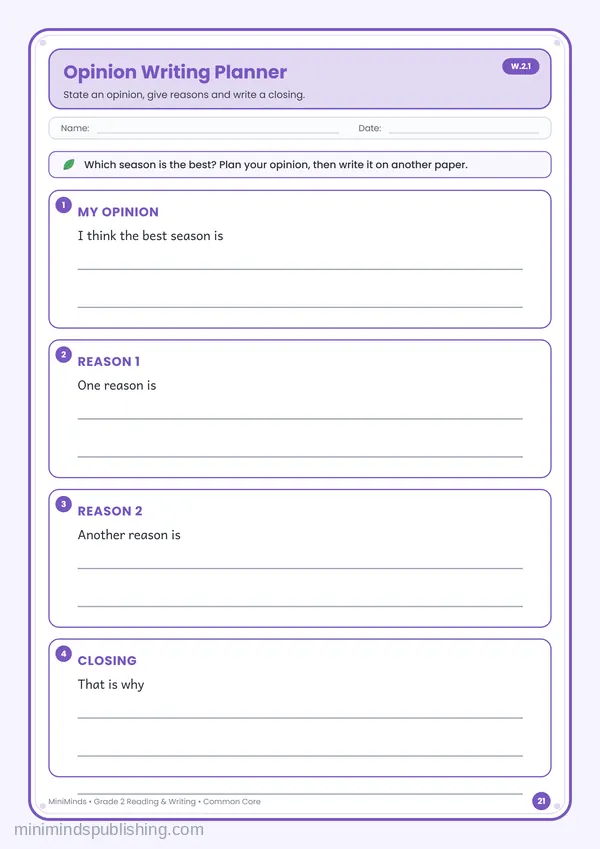 Opinion Writing Planner — free printable 2nd Grade reading & writing worksheet for ages 7-8 (Common Core W.2.1)
