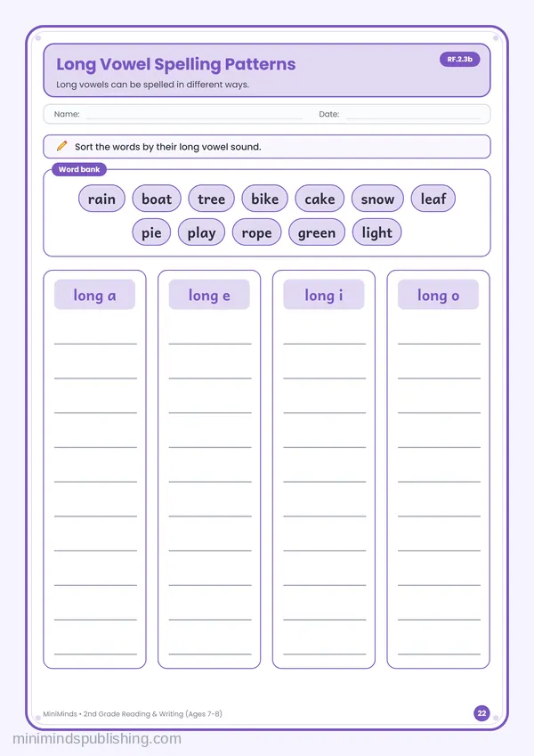 Long Vowel Spelling Patterns — free printable 2nd Grade reading & writing worksheet for ages 7-8 (Common Core RF.2.3b)