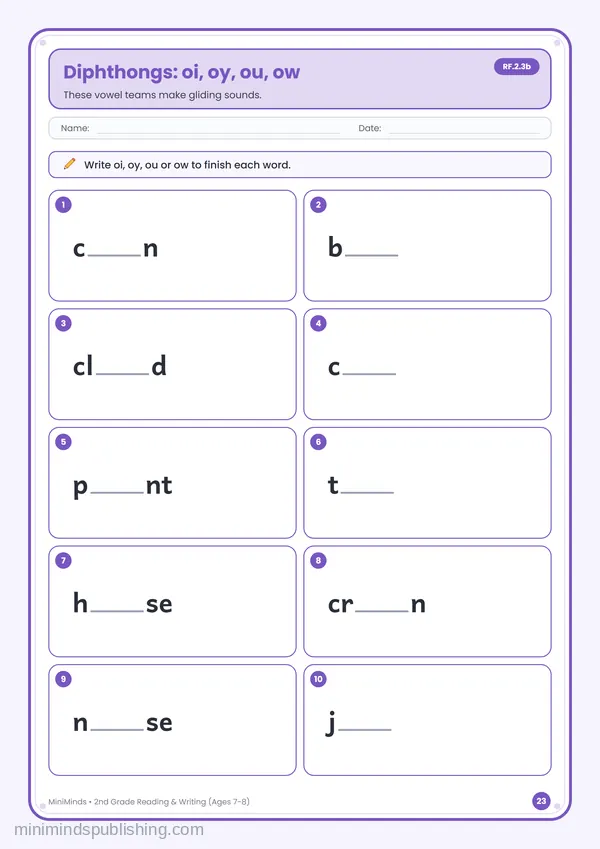 Diphthongs: oi, oy, ou, ow — free printable 2nd Grade reading & writing worksheet for ages 7-8 (Common Core RF.2.3b)