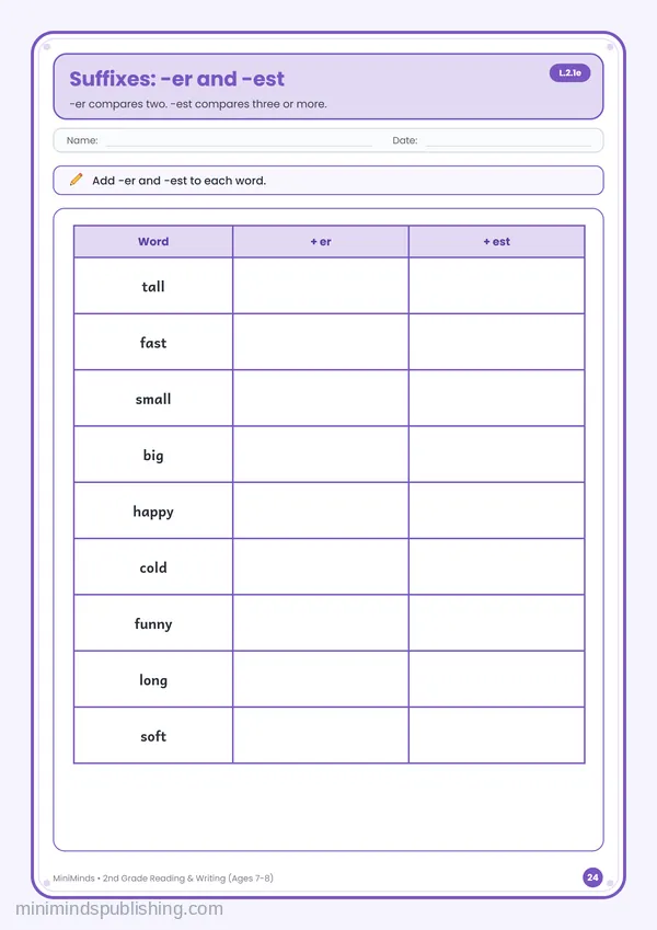 Suffixes: -er and -est — free printable 2nd Grade reading & writing worksheet for ages 7-8 (Common Core L.2.1e)