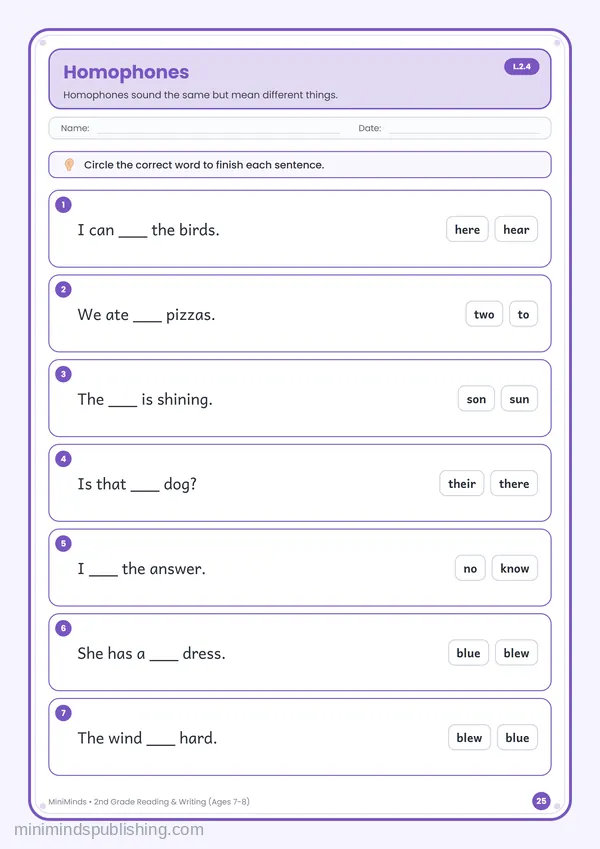 Homophones — free printable 2nd Grade reading & writing worksheet for ages 7-8 (Common Core L.2.4)