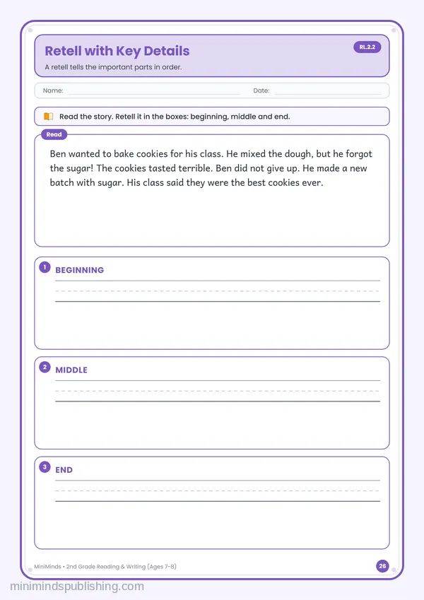 Retell with Key Details — free printable 2nd Grade reading & writing worksheet for ages 7-8 (Common Core RL.2.2)