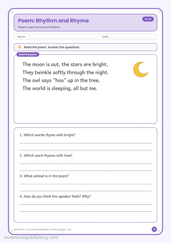 Poem: Rhythm and Rhyme — free printable 2nd Grade reading & writing worksheet for ages 7-8 (Common Core RL.2.4)