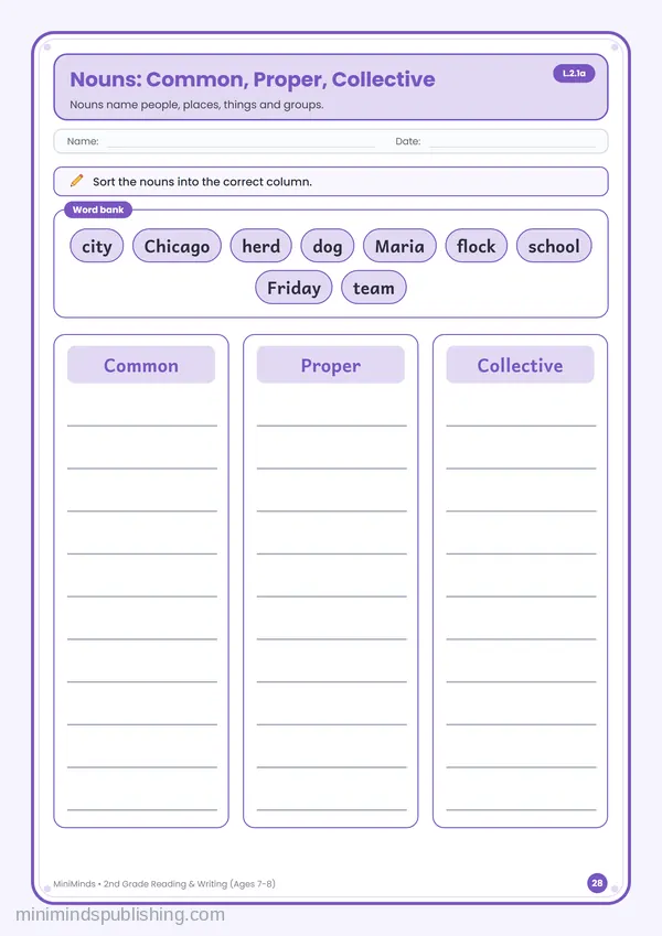 Nouns: Common, Proper, Collective — free printable 2nd Grade reading & writing worksheet for ages 7-8 (Common Core L.2.1a)
