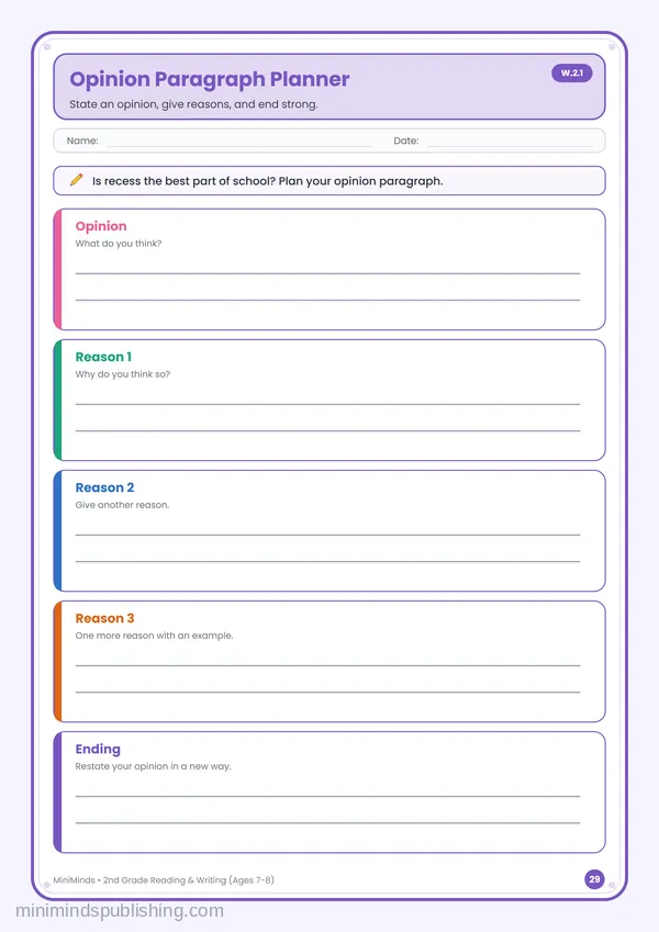 Opinion Paragraph Planner — free printable 2nd Grade reading & writing worksheet for ages 7-8 (Common Core W.2.1)