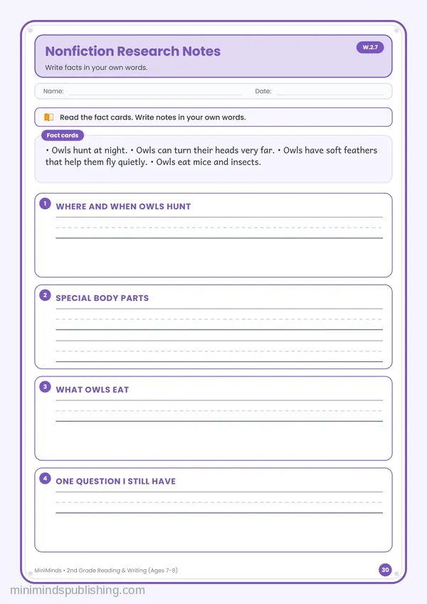 Nonfiction Research Notes — free printable 2nd Grade reading & writing worksheet for ages 7-8 (Common Core W.2.7)