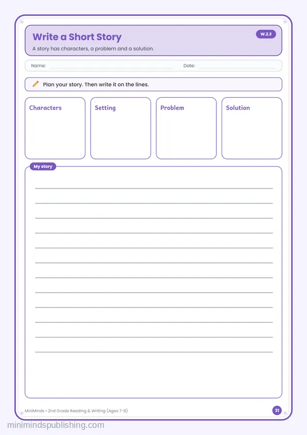 Write a Short Story — free printable 2nd Grade reading & writing worksheet for ages 7-8 (Common Core W.2.3)