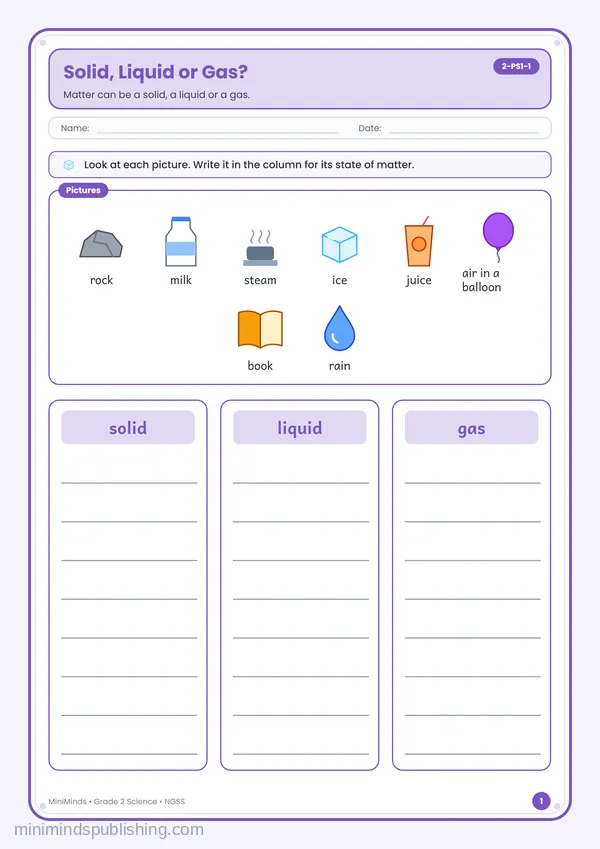 Solid, Liquid or Gas? — free printable 2nd Grade worksheet