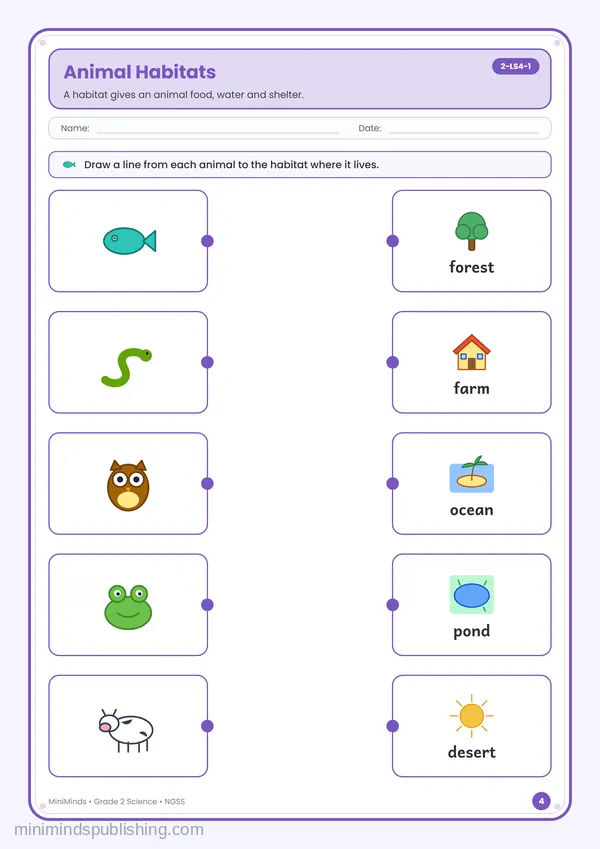 Animal Habitats — free printable 2nd Grade worksheet