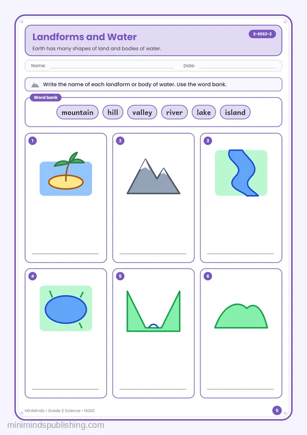 Landforms and Water — free printable 2nd Grade worksheet