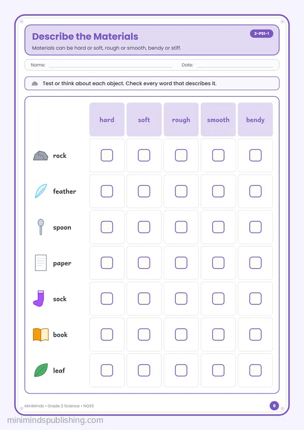 Describe the Materials — free printable 2nd Grade worksheet