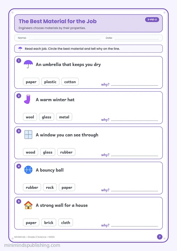 The Best Material for the Job — free printable 2nd Grade worksheet